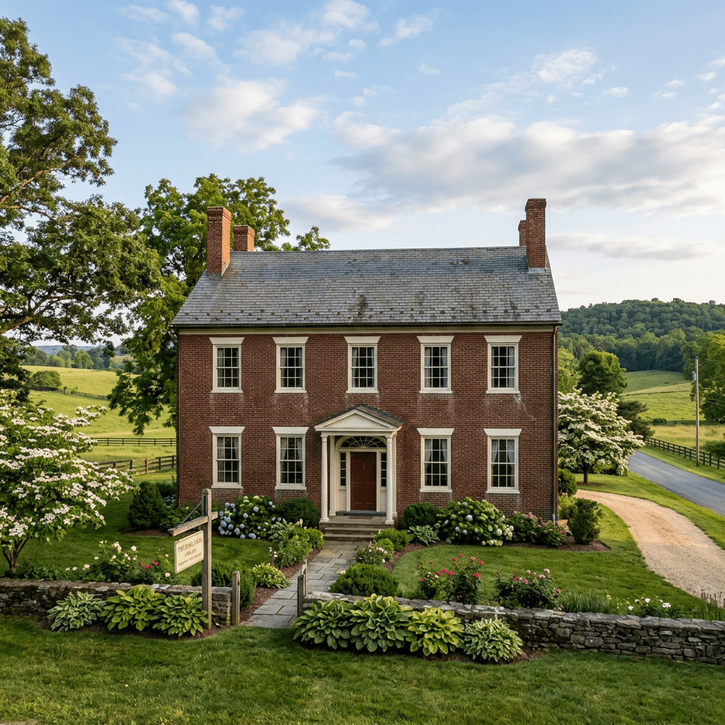 Two-story historic brick house with white trim and landscaped garden with flowers
